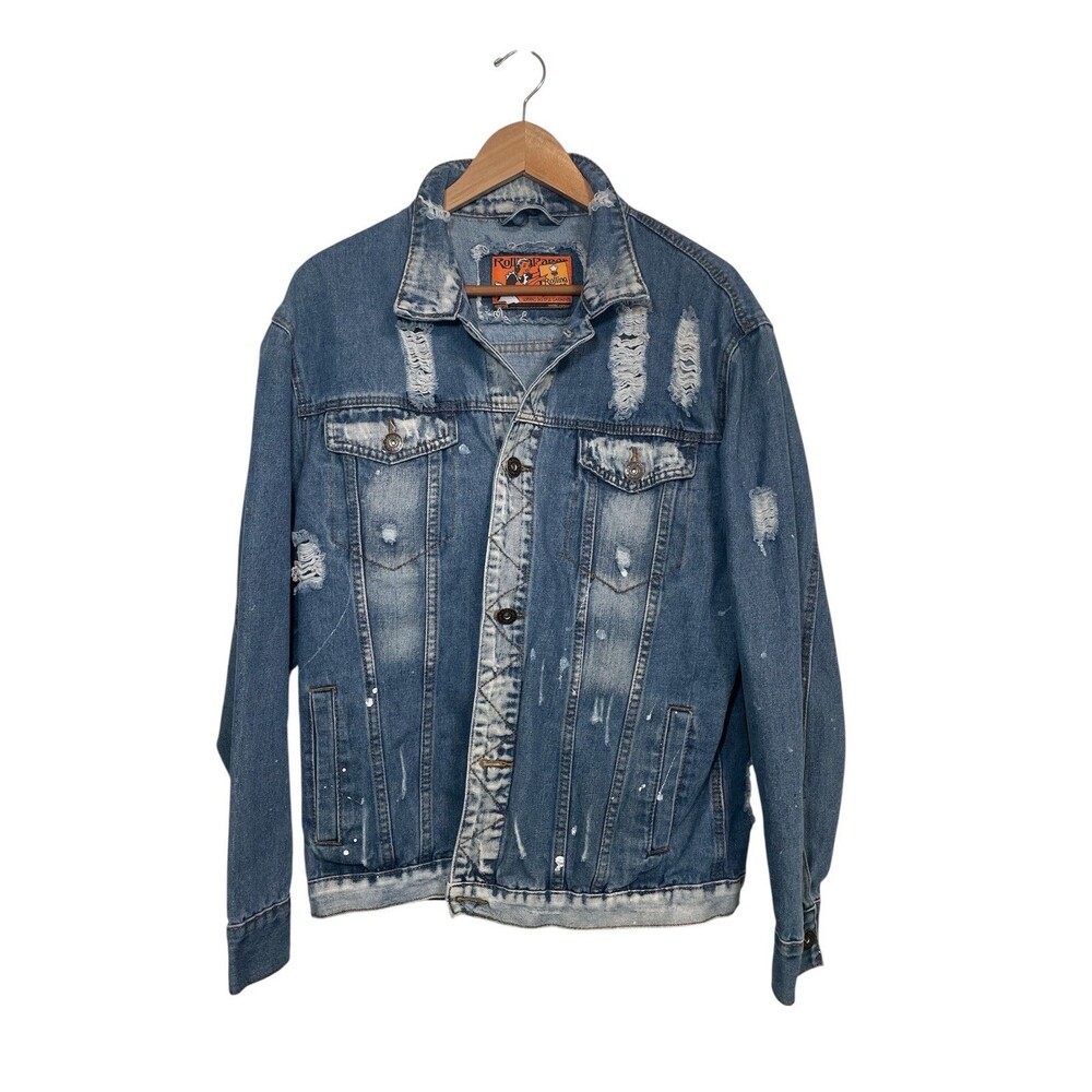 Rolling Paper Denim Jacket Mens XL Blue Distressed‎ Paint Splatter Trucker Coat